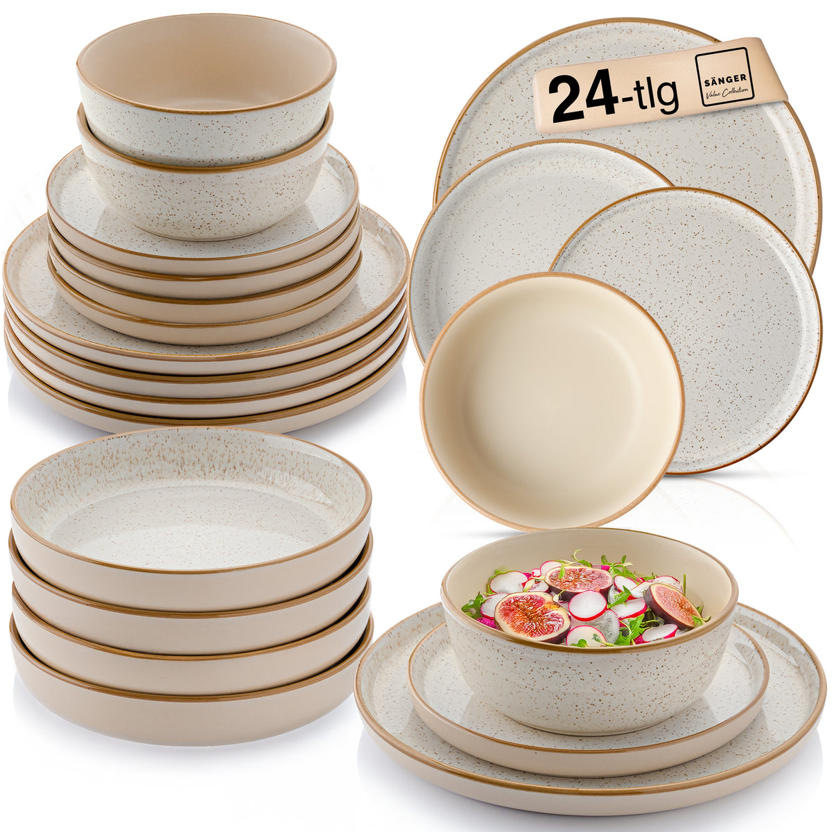 SÄNGER Steingut Geschirrset Rio Creme, Tafelservice 24 teilig für 6 Personen