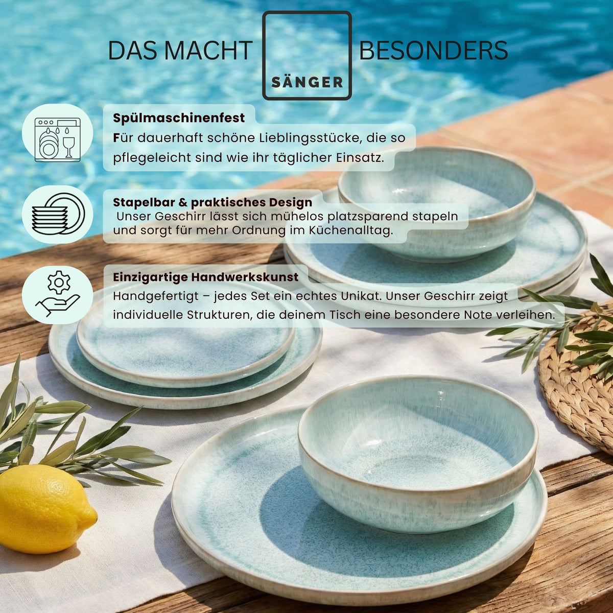 SÄNGER Steingut Geschirrset Paros, Tafelservice 12 teilig für 4 Personen