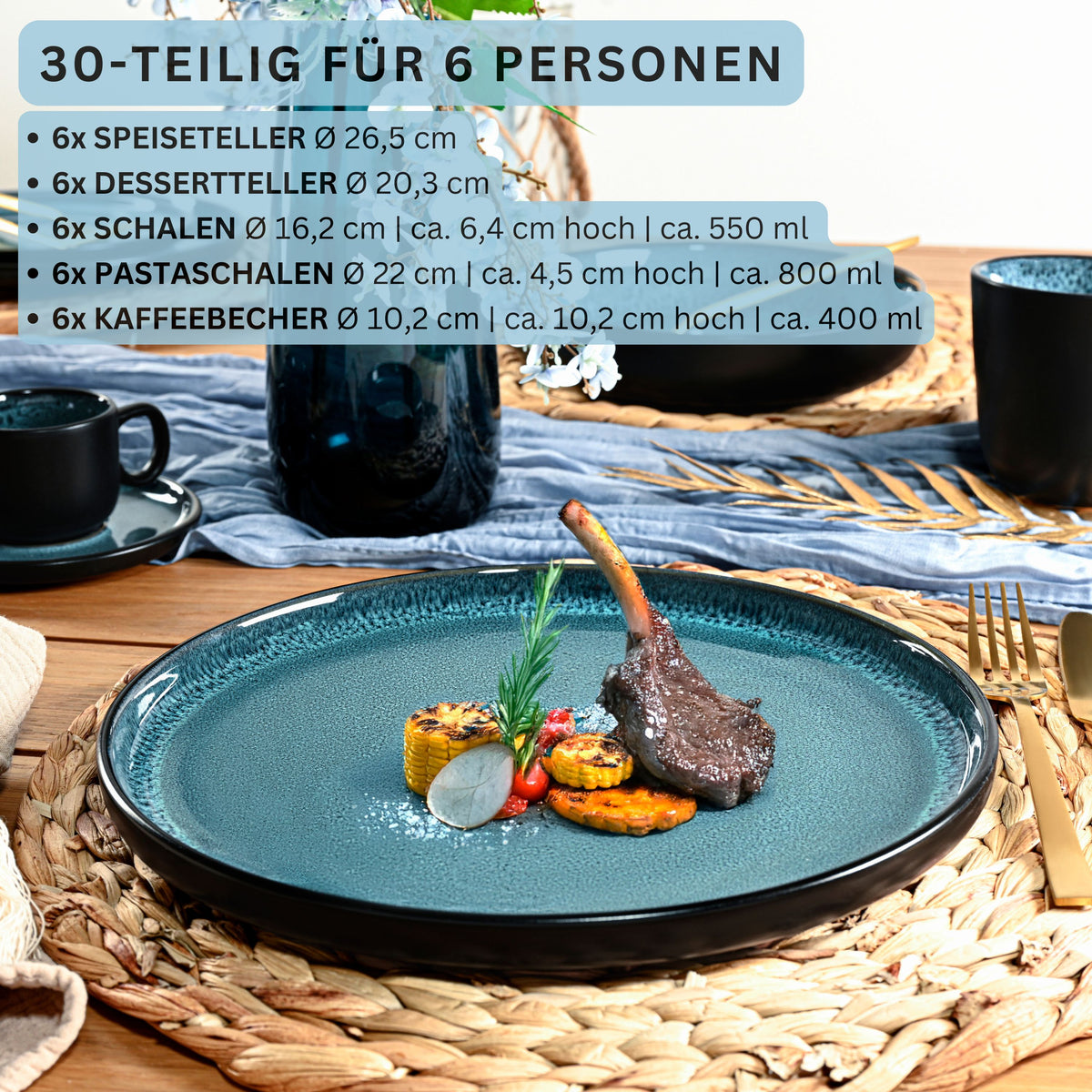 SÄNGER Steingut Geschirrset Vigo, Kombiservice 30 teilig für 6 Personen