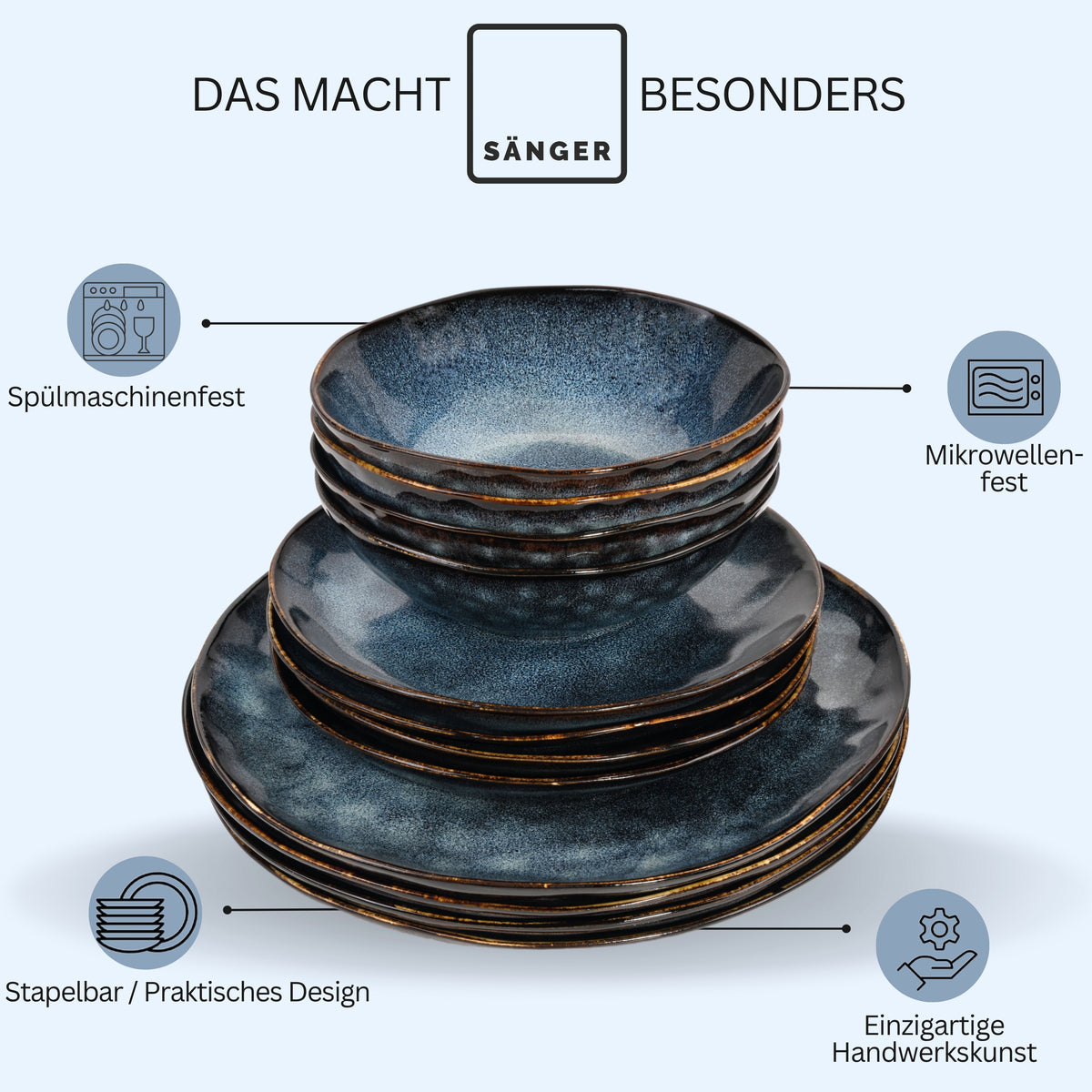 SÄNGER Stoneware Dinner Set Tokio, 16 Piece Dinner Service for 4 People