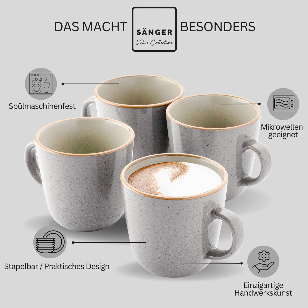 SÄNGER Kaffeebecher Set Rio Perlgrau 4 teilig