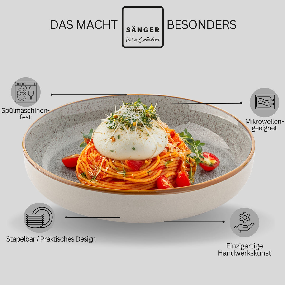 SÄNGER Pastaschalen Set Rio Perlgrau - 6 teilig aus Steingut