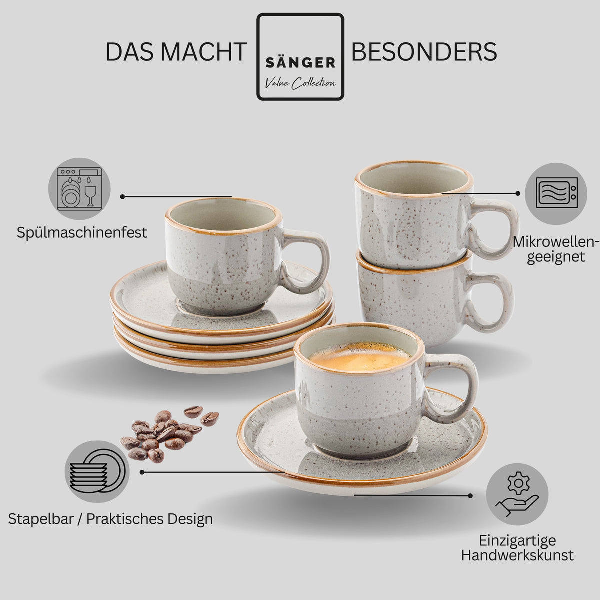 SÄNGER Espressotassen Set Rio Perlgrau 12 teilig für 6 personen
