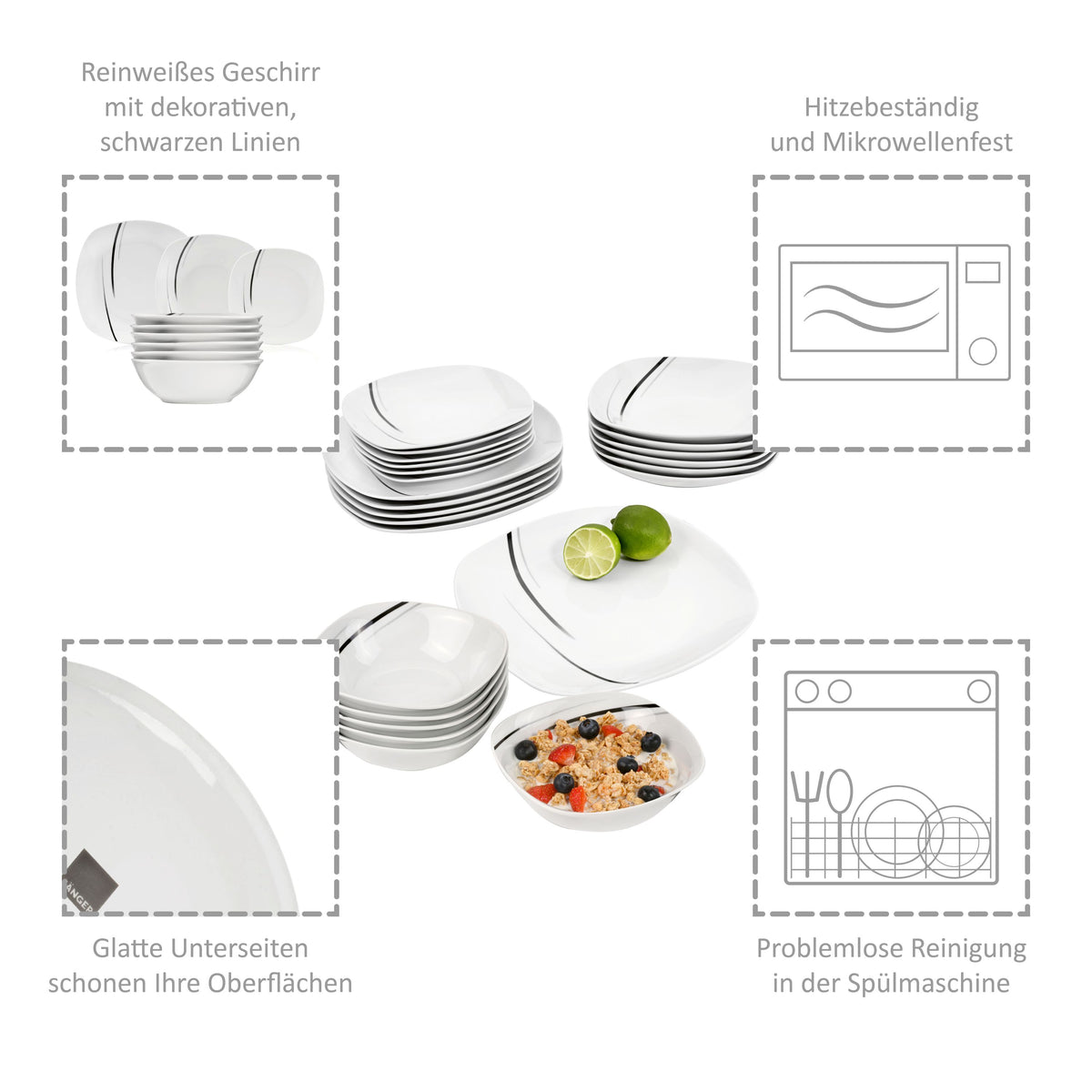 Porzellan Geschirrset Bilgola Black Lines, Kombiservice 24 teilig für 6 Personen